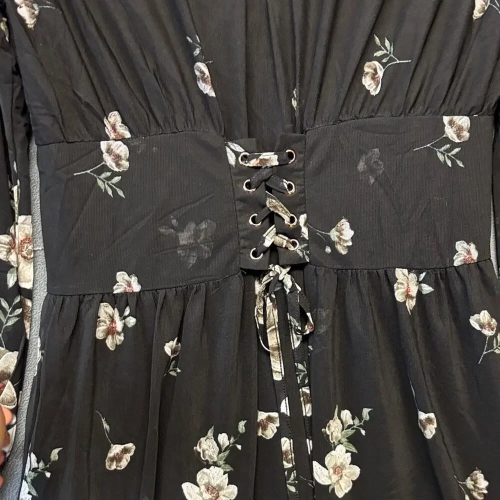 Ember Chic Floral Black Long Sleeve Dress Long Sleeve Sheer Gothy Witchy Midi